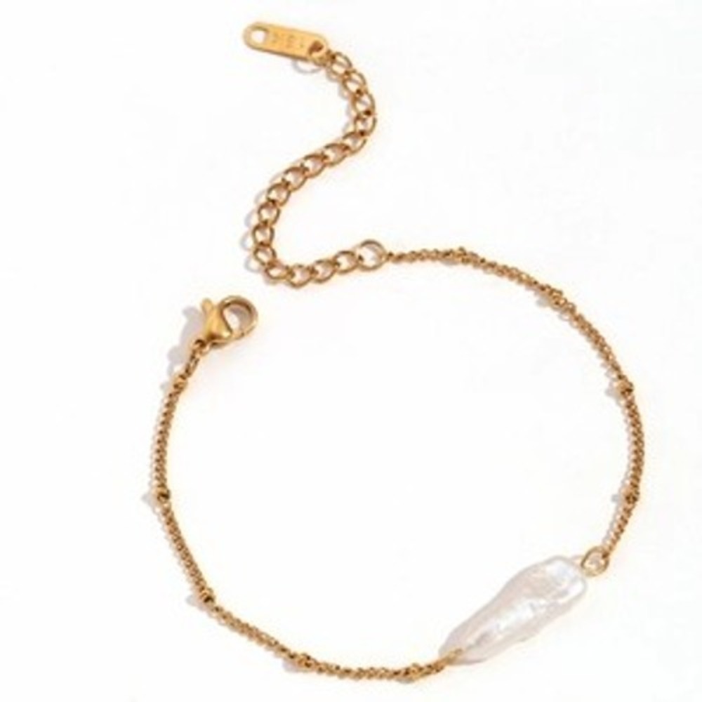 18K Gold Plated Stainless Steel Mother of Pearl Baroque Bracelet Satellite Chain